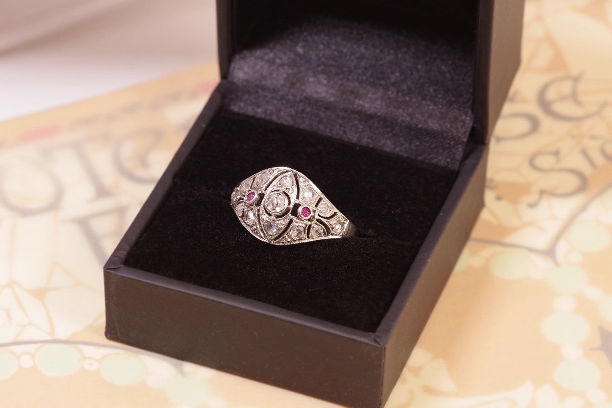 Art Deco Diamonds Ruby Ring In 18k White Gold, Rose Cut Diamond, Ruby Round Cut, Antique Ring-photo-1