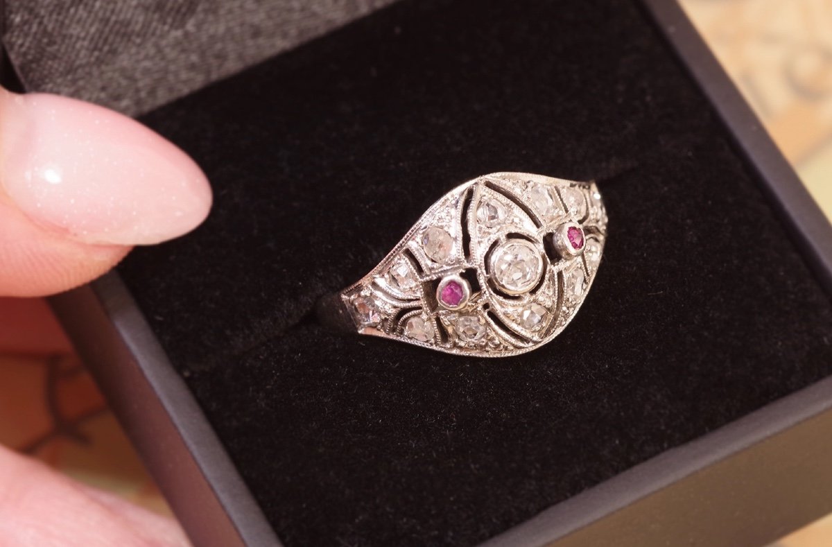 Art Deco Diamonds Ruby Ring In 18k White Gold, Rose Cut Diamond, Ruby Round Cut, Antique Ring