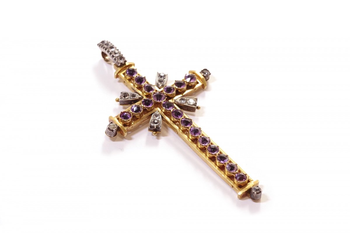 Large Amethyst Religious Cross In 18k Gold, Christian Cross Pendant, Amethysts-photo-3