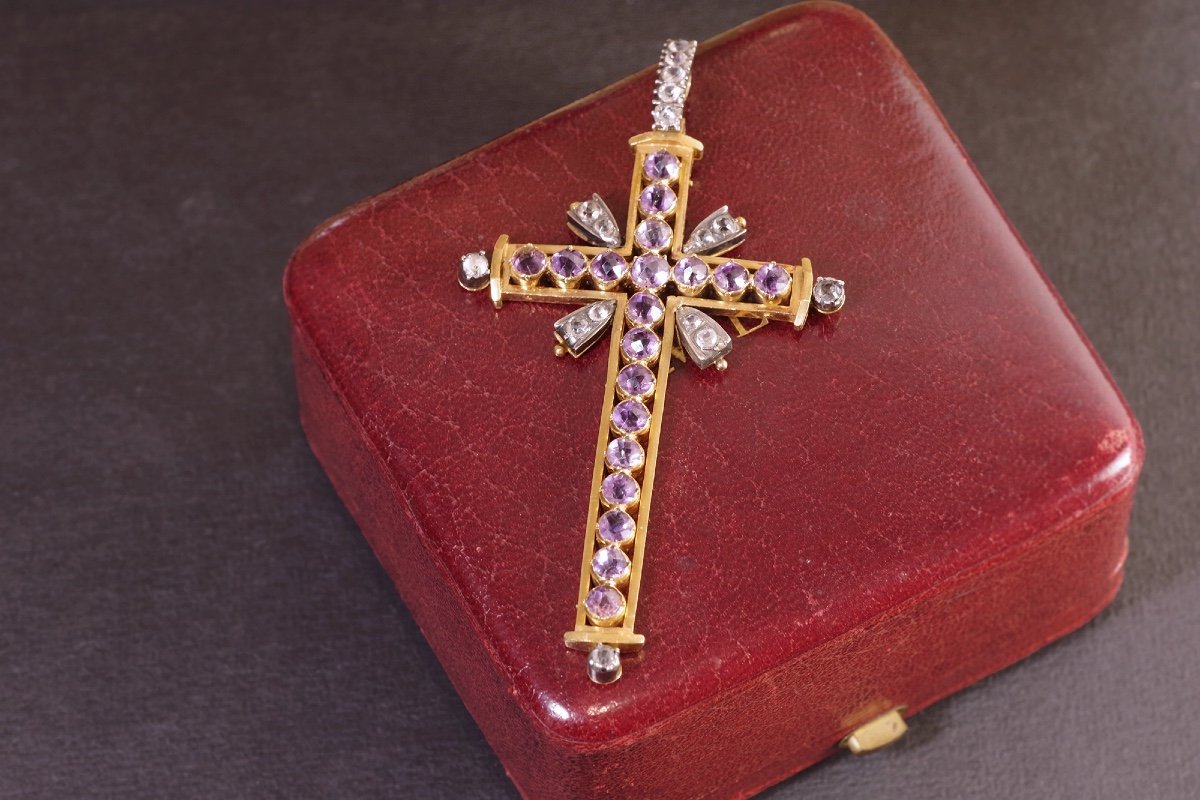 Large Amethyst Religious Cross In 18k Gold, Christian Cross Pendant, Amethysts-photo-4