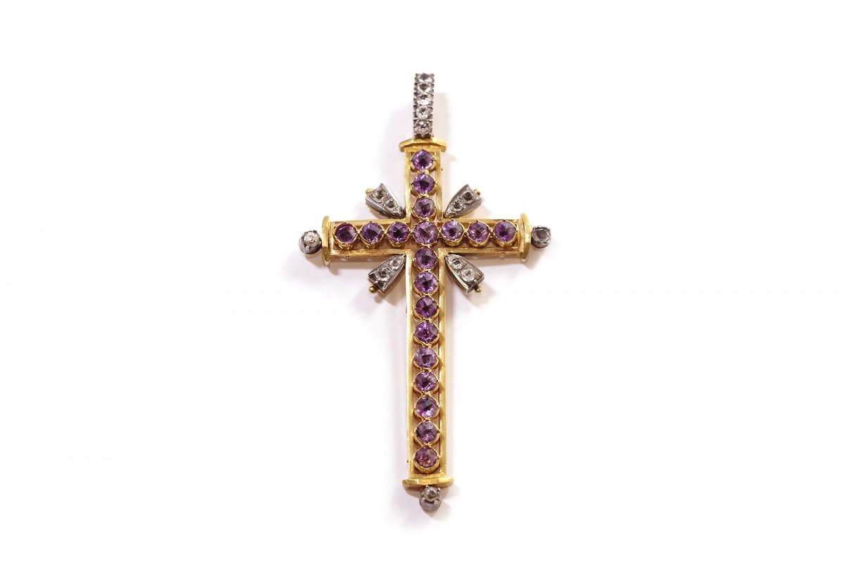 Large Amethyst Religious Cross In 18k Gold, Christian Cross Pendant, Amethysts