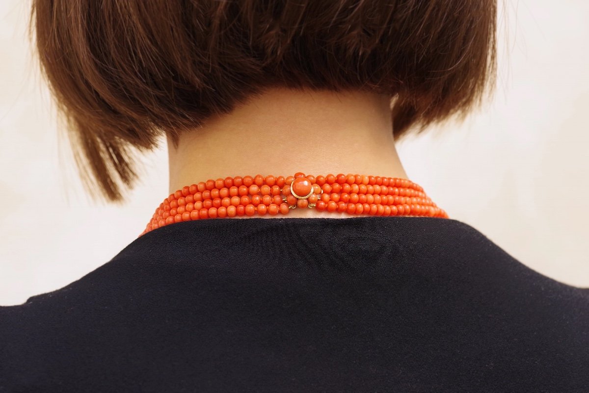 Antique Mediterranean Coral Necklace With A 18k Gold Clasp, Coral Pearls, Orange-photo-2