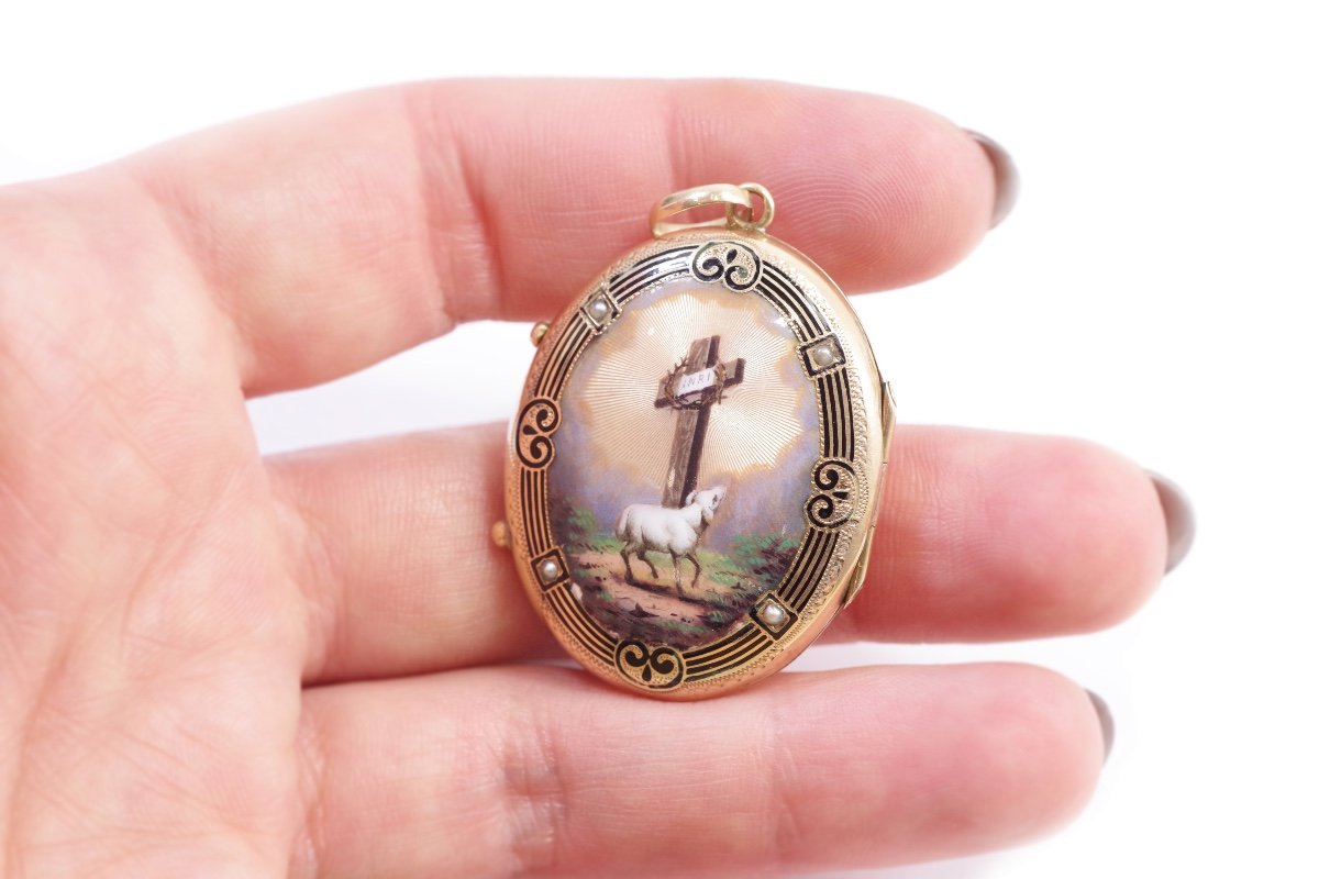 Médaillon Pendentif Email Suisse En Or 14k, Pendentif émaillé, Agneau De Dieu, Chrétien
