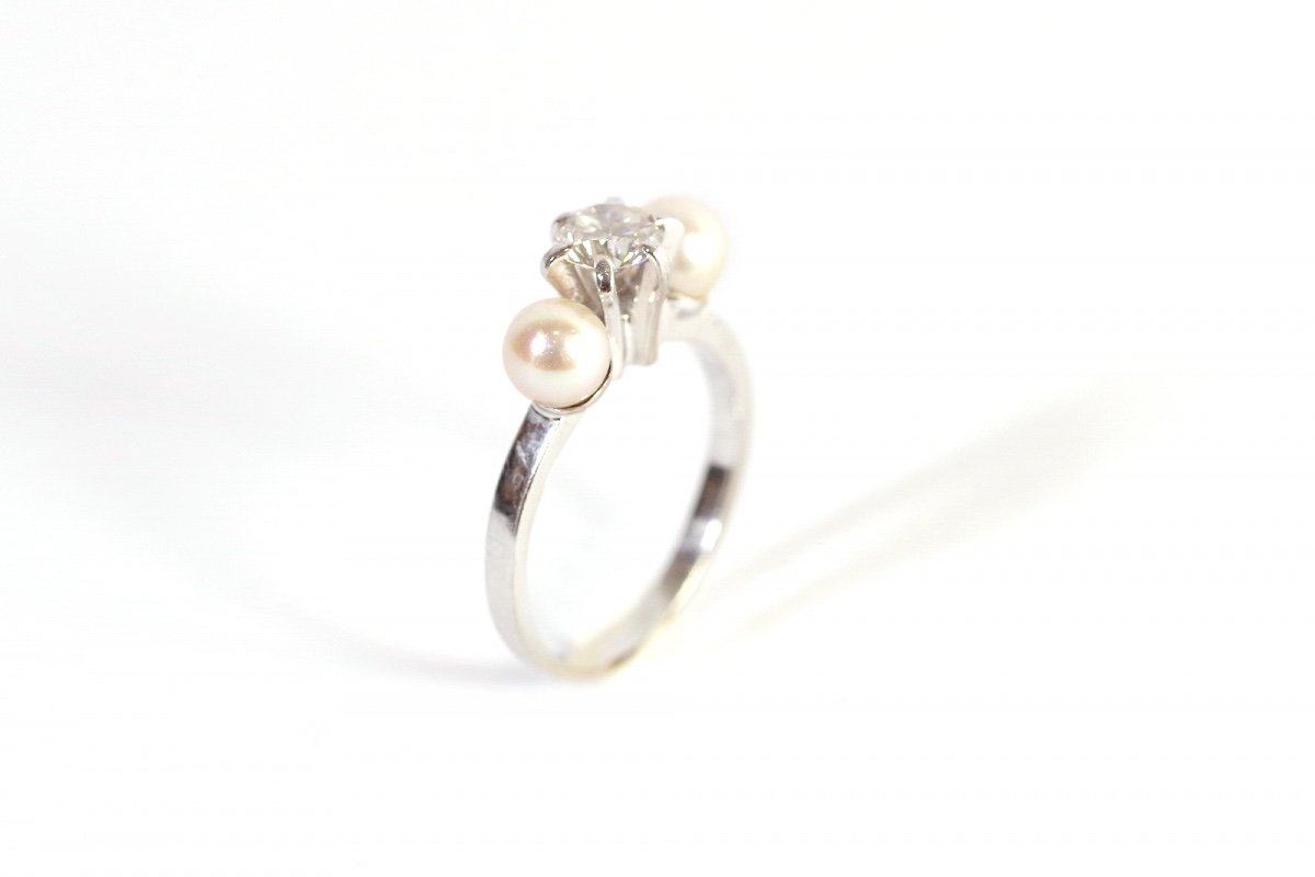 Diamond Pearl Trilogy Ring In 18 Karats White Gold, Vintage Ring, Wedding Ring, Cultured Pearls-photo-3