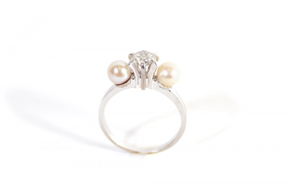 Diamond Pearl Trilogy Ring In 18 Karats White Gold, Vintage Ring, Wedding Ring, Cultured Pearls-photo-5