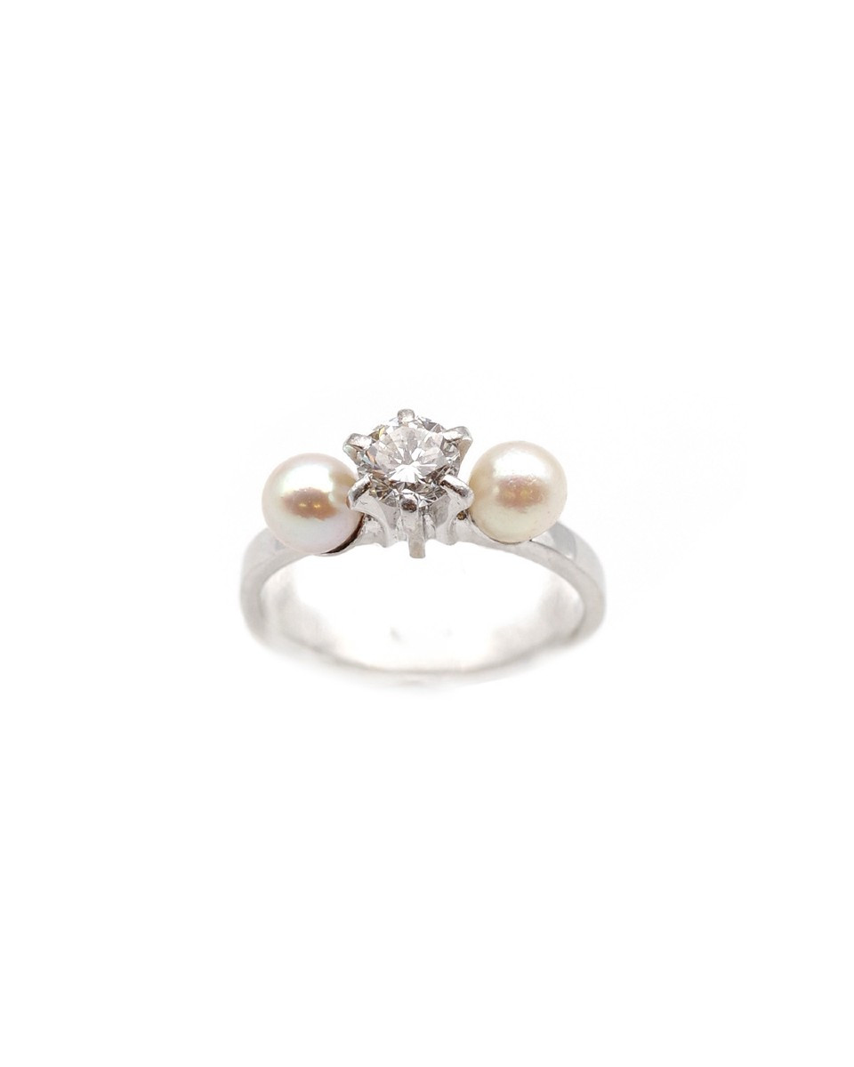 Bague Trilogie Diamants Perles En Or Blanc 18k, Bague Vintage, Bague De Fiançailles