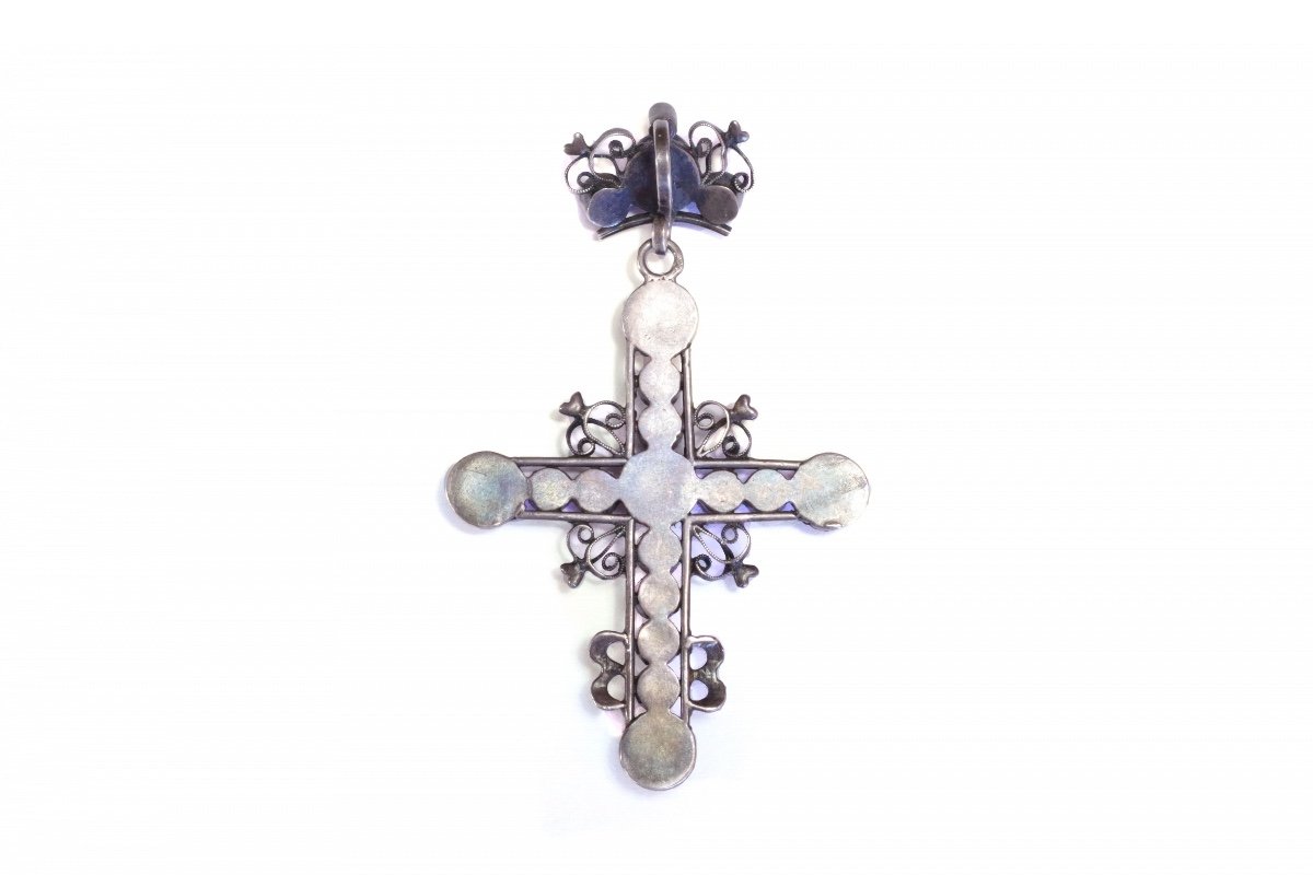 Victorian Enamel Foiled Paste Cross Pendant In Silver, Black Enamel, French Religious Pendant-photo-2