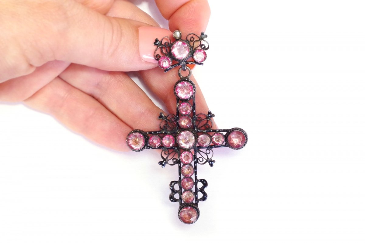 Victorian Enamel Foiled Paste Cross Pendant In Silver, Black Enamel, French Religious Pendant-photo-3