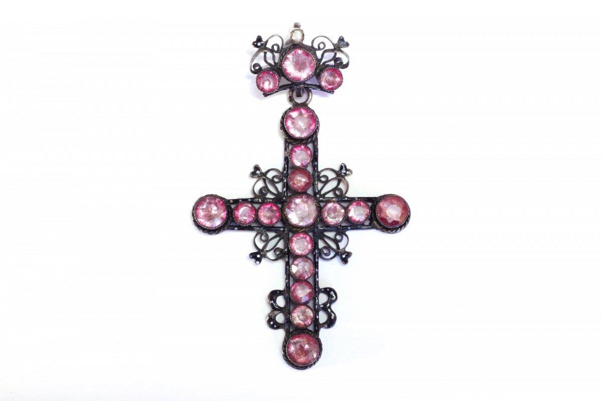 Victorian Enamel Foiled Paste Cross Pendant In Silver, Black Enamel, French Religious Pendant-photo-4