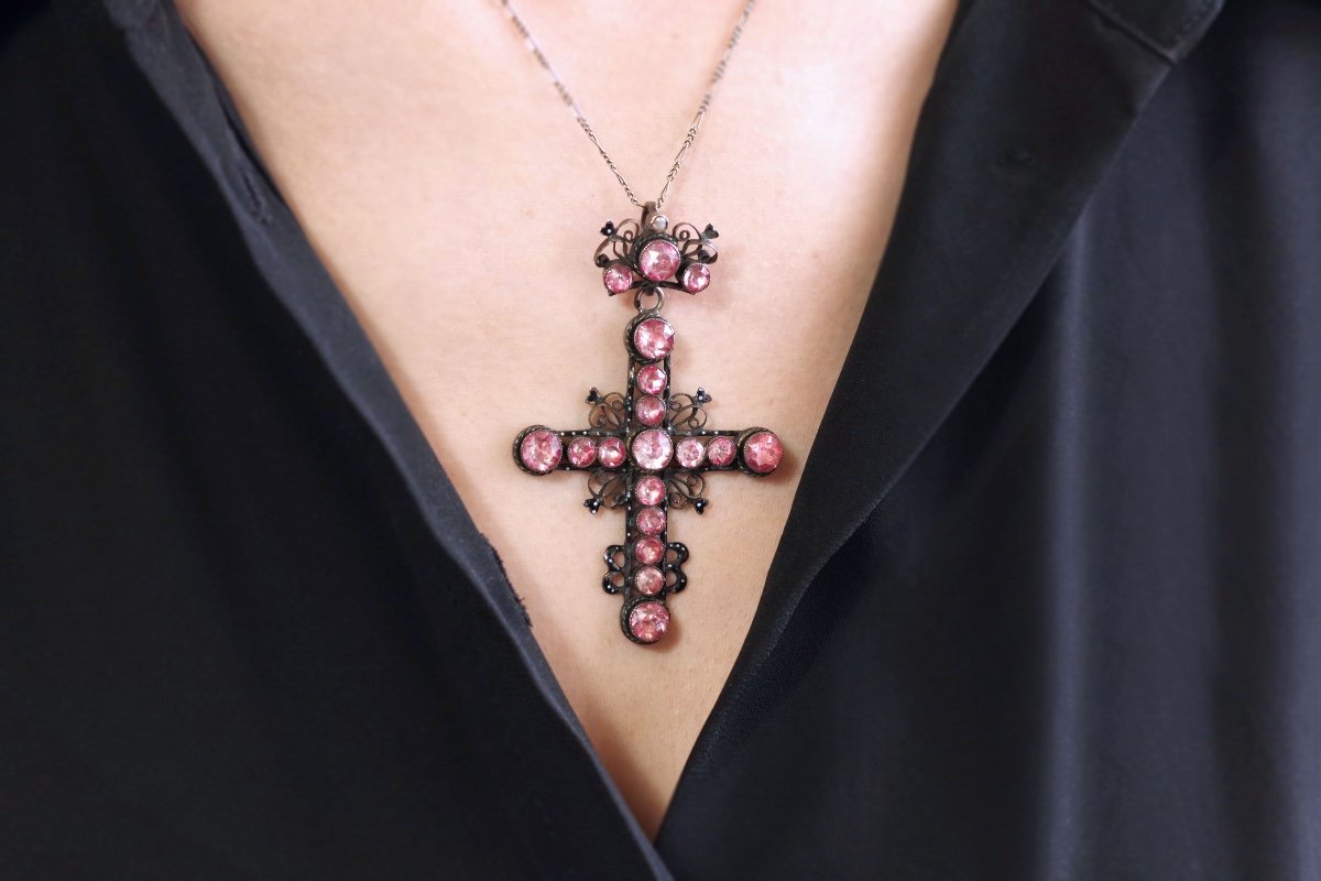 Victorian Enamel Foiled Paste Cross Pendant In Silver, Black Enamel, French Religious Pendant-photo-1