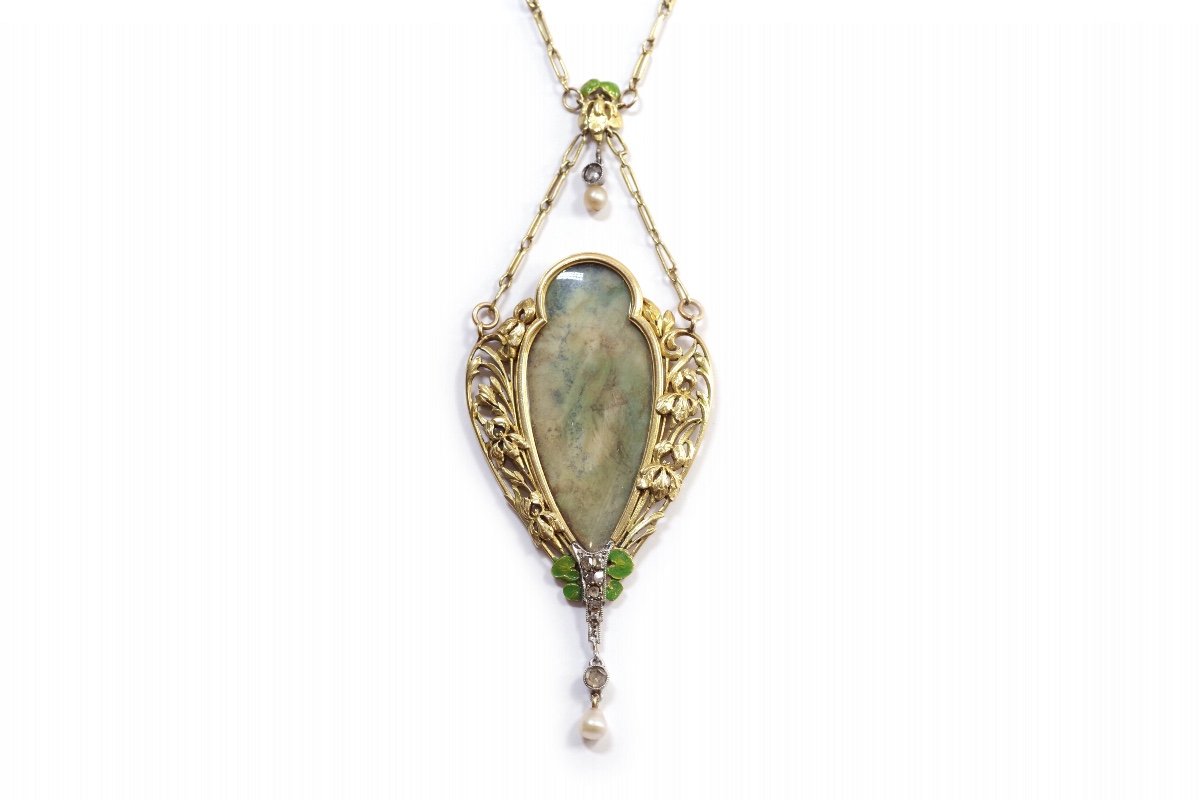 French Art Nouveau Iris Water Lilies Necklace In 18k Gold, Antique Art Nouveau Diamond