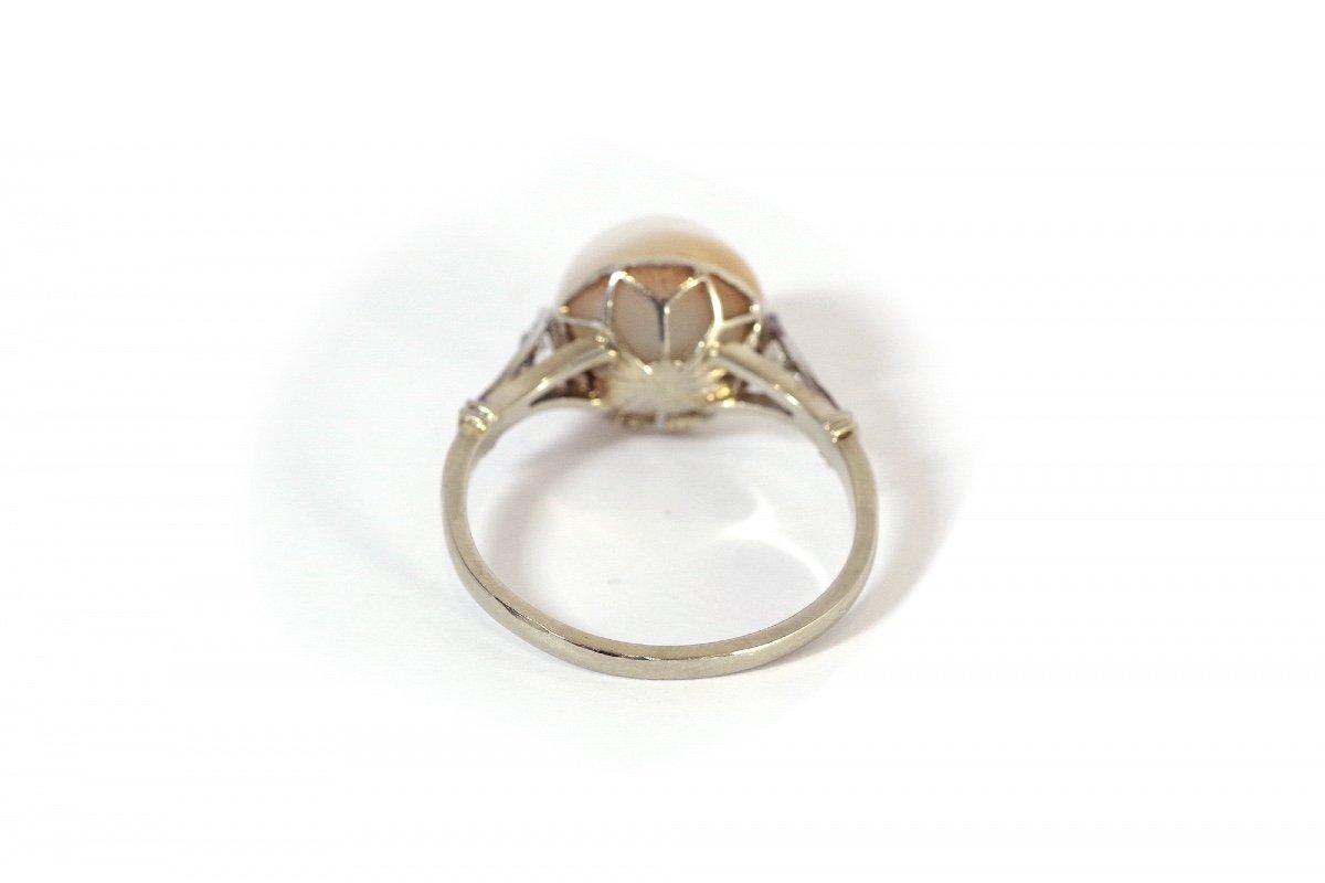 Bague Art Deco Perle En Or 18k, Bague Perle Mabe, Diamant Taille Ancienne, Bijou Ancien Paris-photo-3