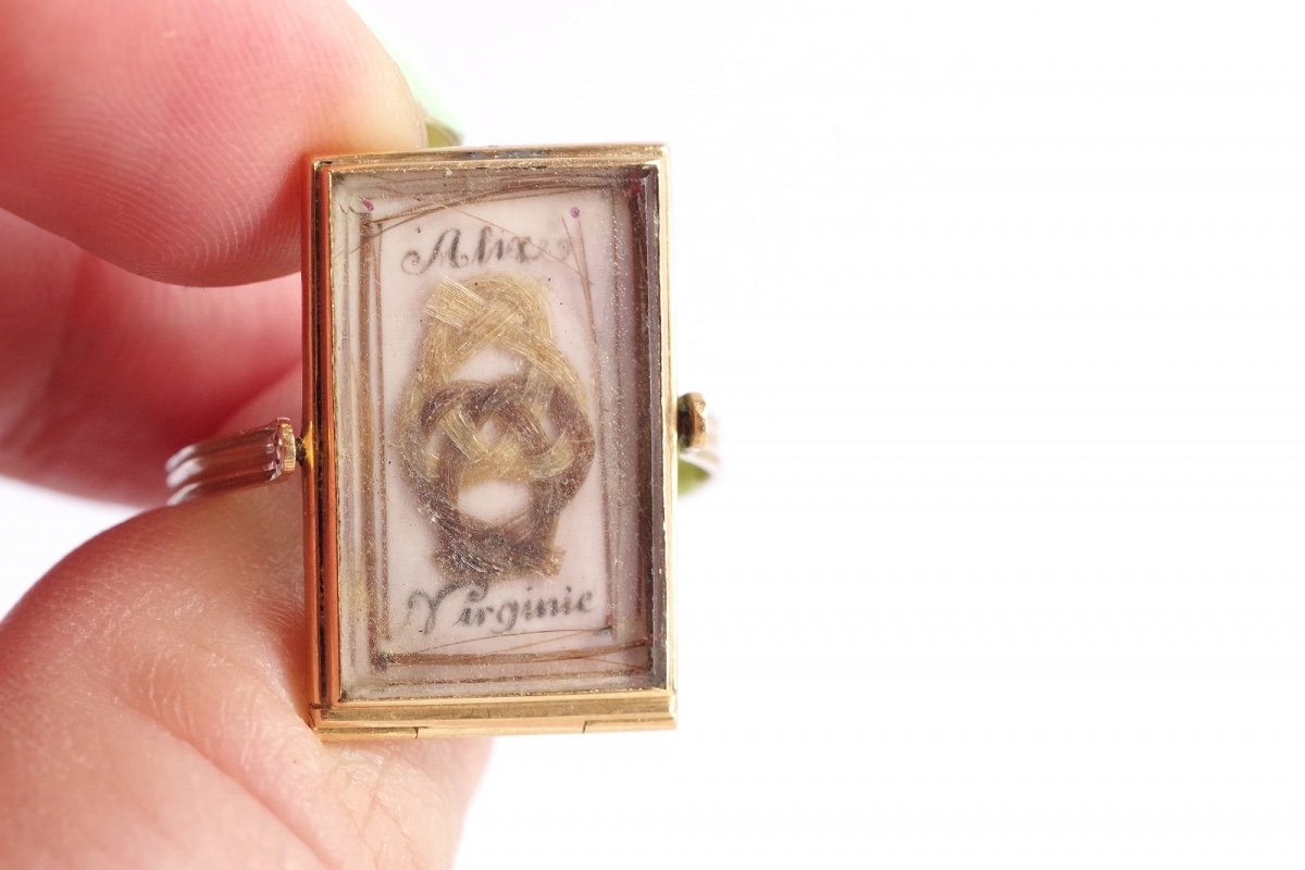 Bague Pivotante Sentimentale En Or 18k, Bague Début XIXe Siècle, Reliquaire, Cheveux-photo-3