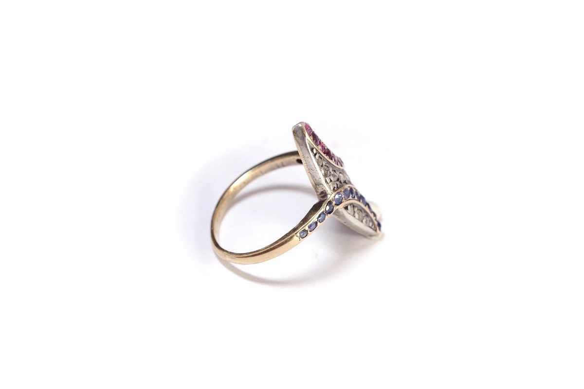 Patriotic Marquise Ring In 18 Karat Gold, Ruby, Sapphires, Sports-related Jewelry Paris 2024-photo-2