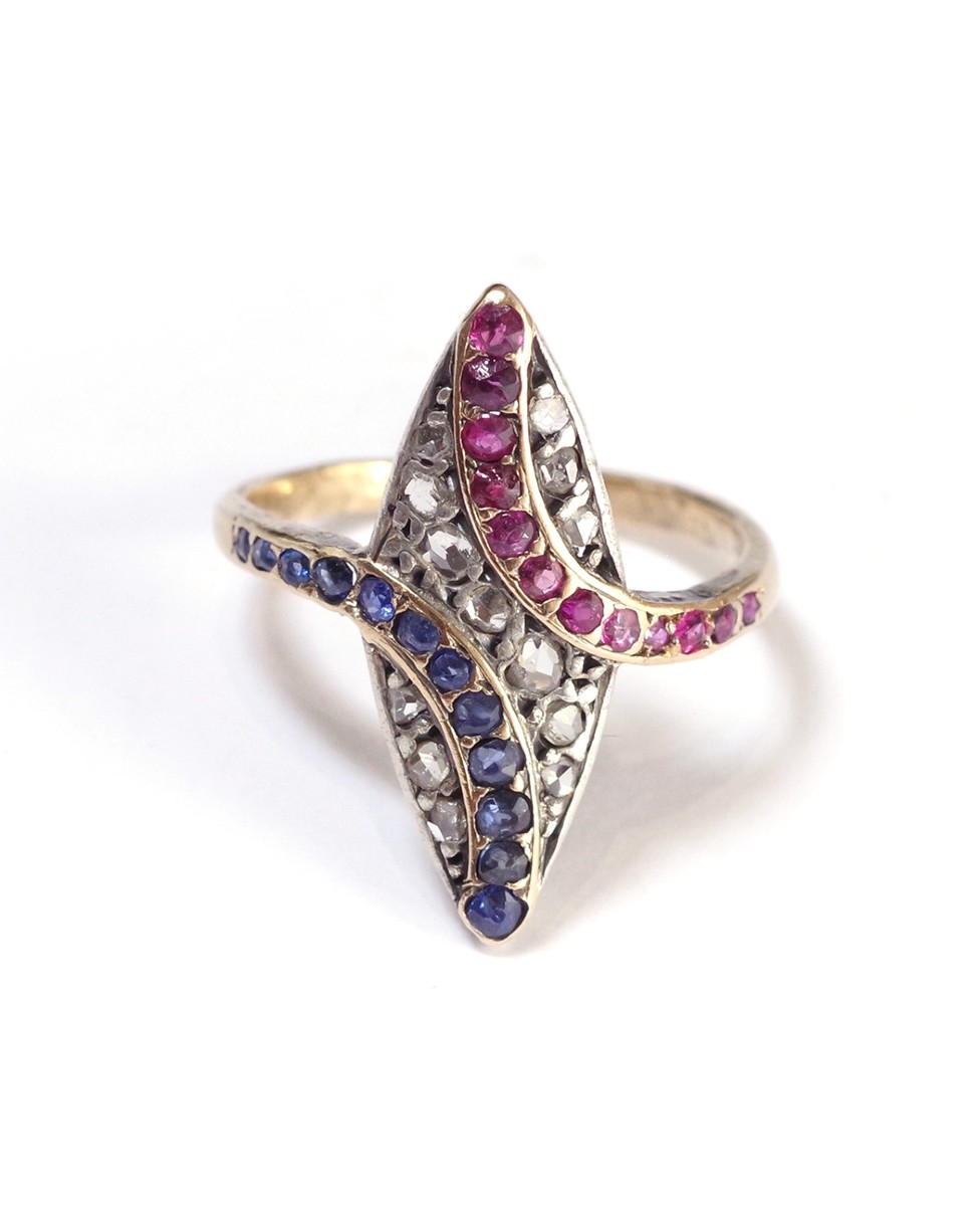 Patriotic Marquise Ring In 18 Karat Gold, Ruby, Sapphires, Sports-related Jewelry Paris 2024
