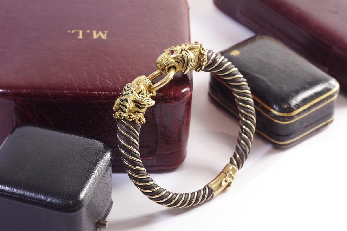 Gay Freres Tigers Bracelet In 18k Gold And Silver, Bangle Tiger Bracelet, Signed Bracelet-photo-2
