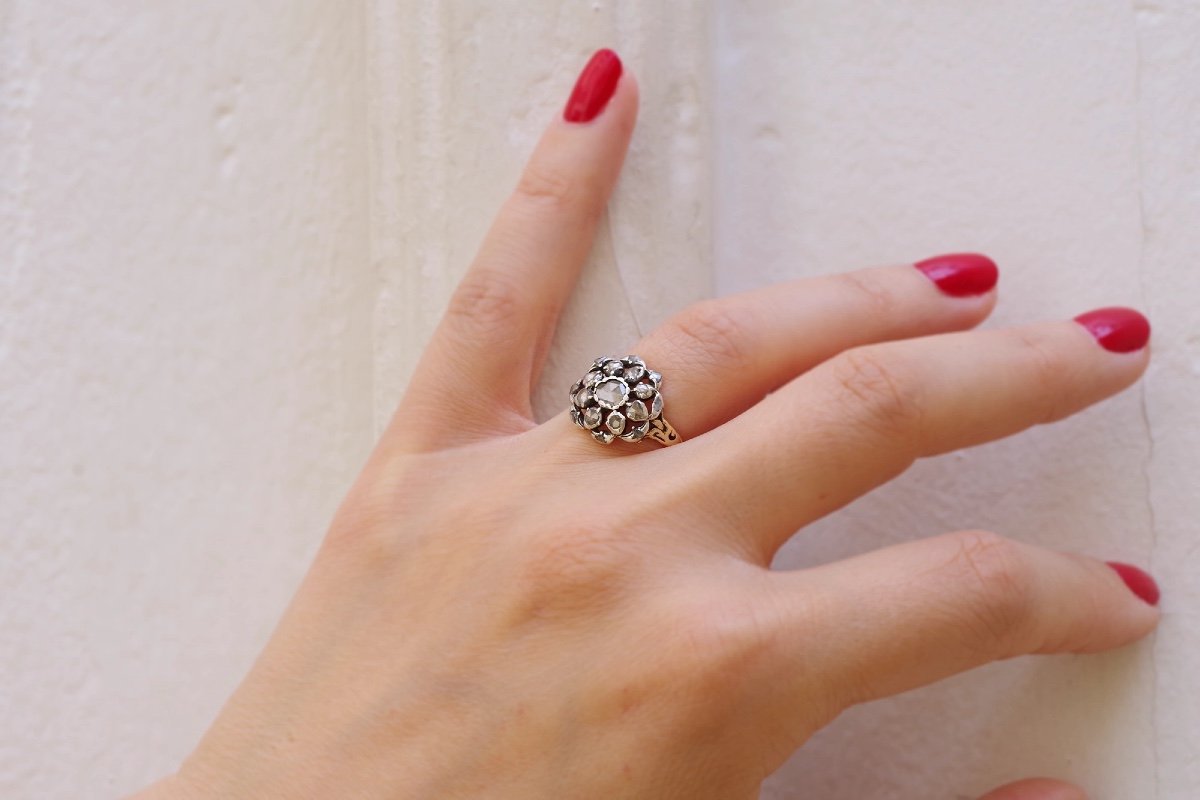 Bague Fleur Diamants Ancienne En Or 14k Et Argent, Diamants Sur Paillon, Taille Rose-photo-3