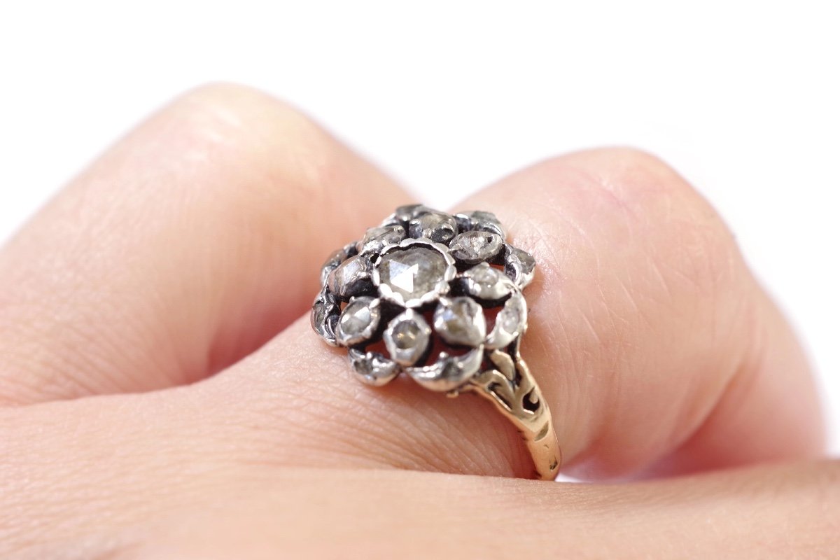 Bague Fleur Diamants Ancienne En Or 14k Et Argent, Diamants Sur Paillon, Taille Rose-photo-1