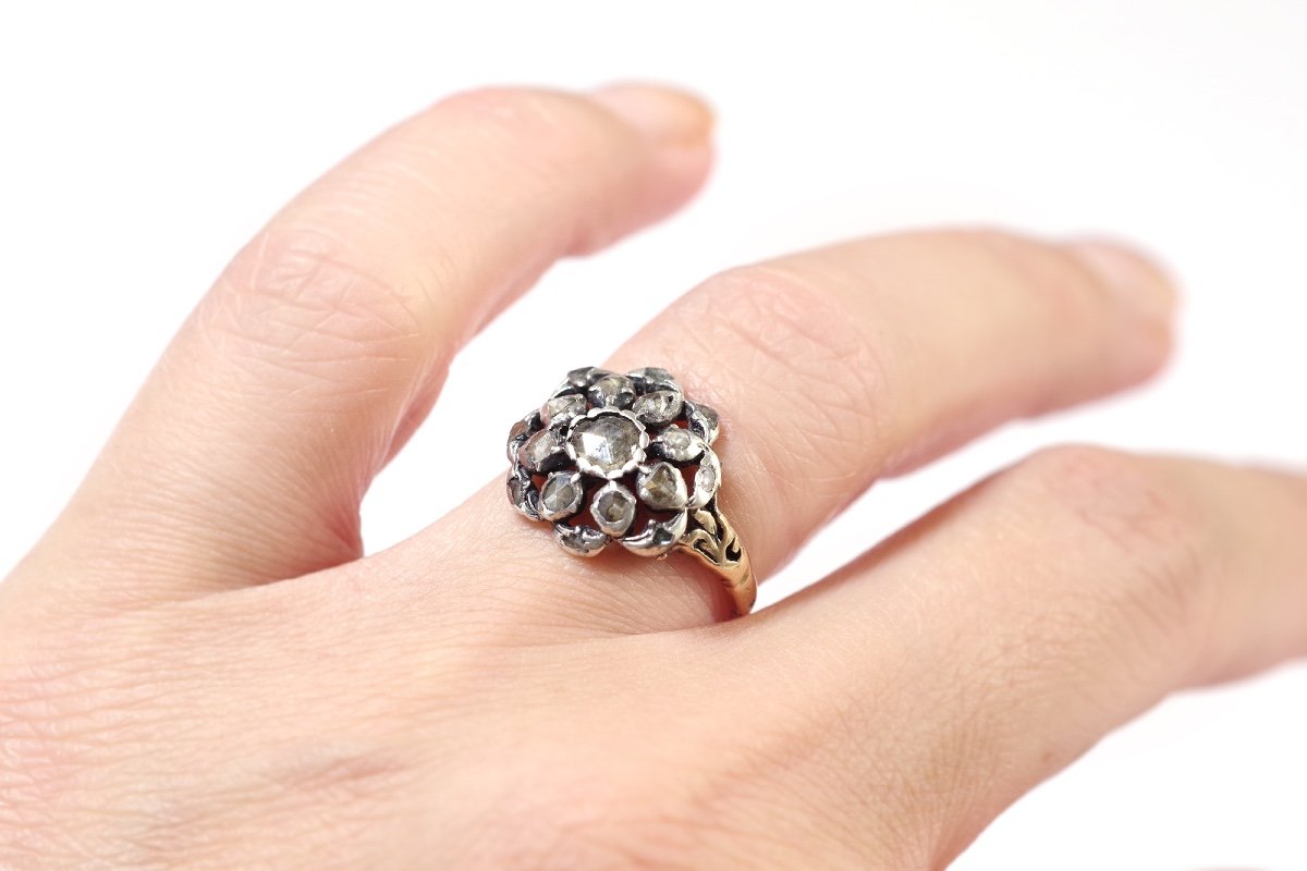 Bague Fleur Diamants Ancienne En Or 14k Et Argent, Diamants Sur Paillon, Taille Rose-photo-2