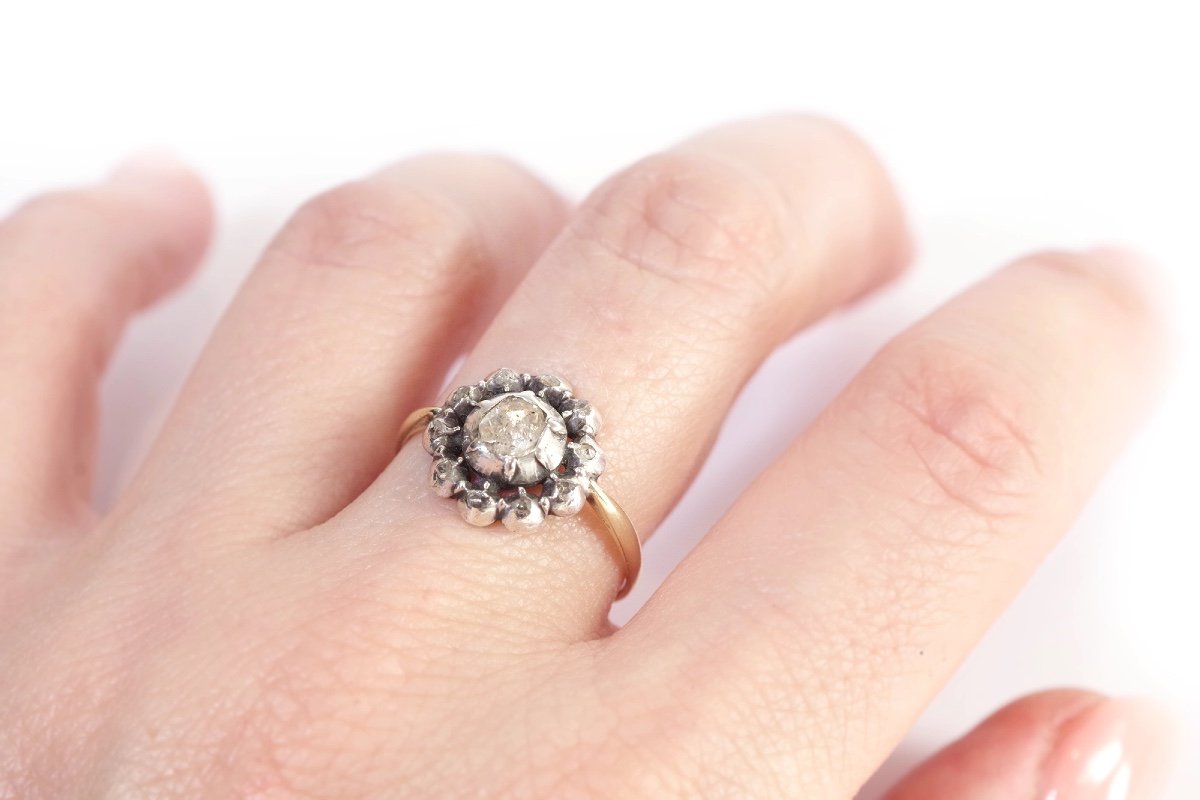 Bague Fleur Diamants XIXe En Or 14k Et Argent, Diamants Sur Paillon, Taille Rose-photo-2