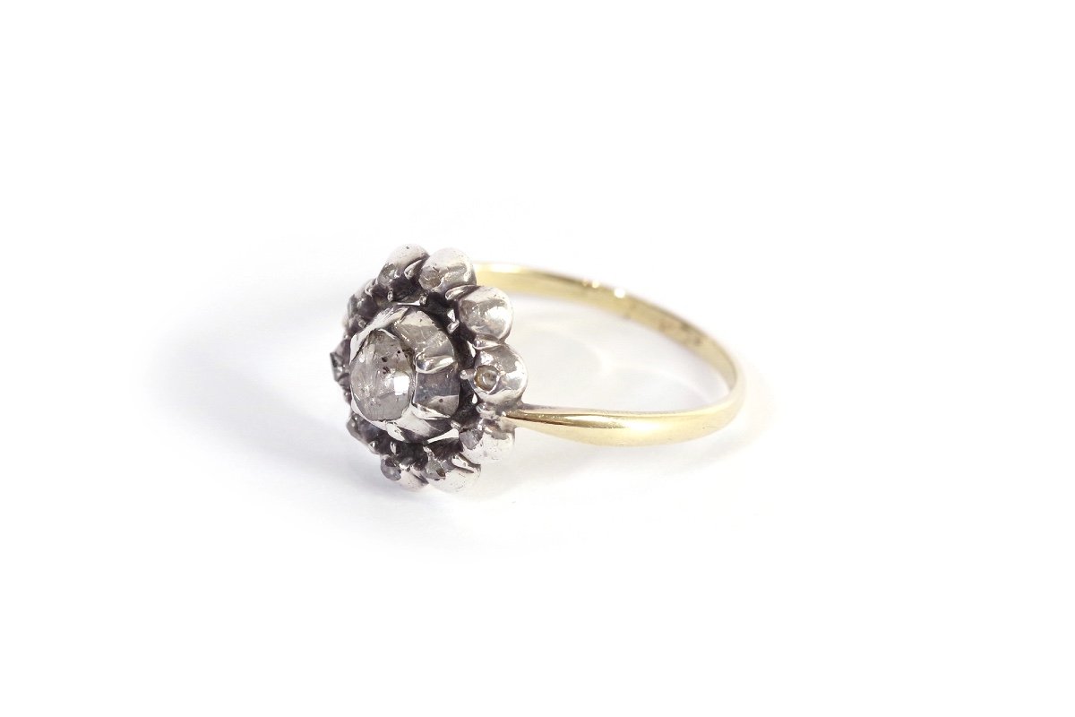 Bague Fleur Diamants XIXe En Or 14k Et Argent, Diamants Sur Paillon, Taille Rose-photo-4