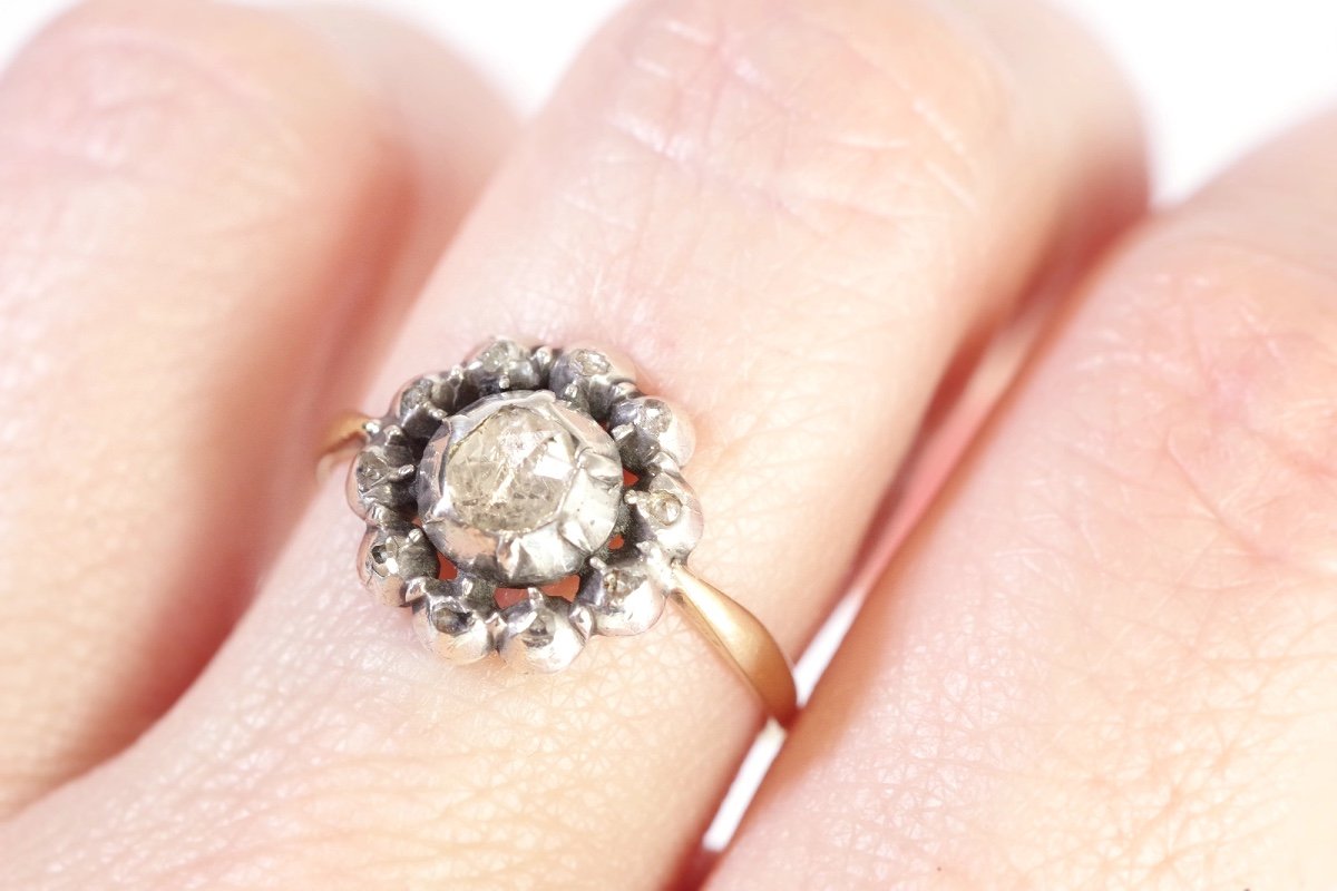 Bague Fleur Diamants XIXe En Or 14k Et Argent, Diamants Sur Paillon, Taille Rose-photo-2