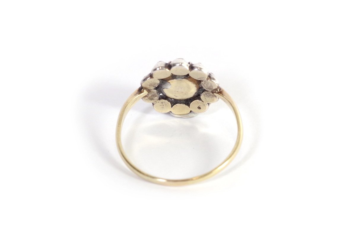 Bague Fleur Diamants XIXe En Or 14k Et Argent, Diamants Sur Paillon, Taille Rose-photo-4