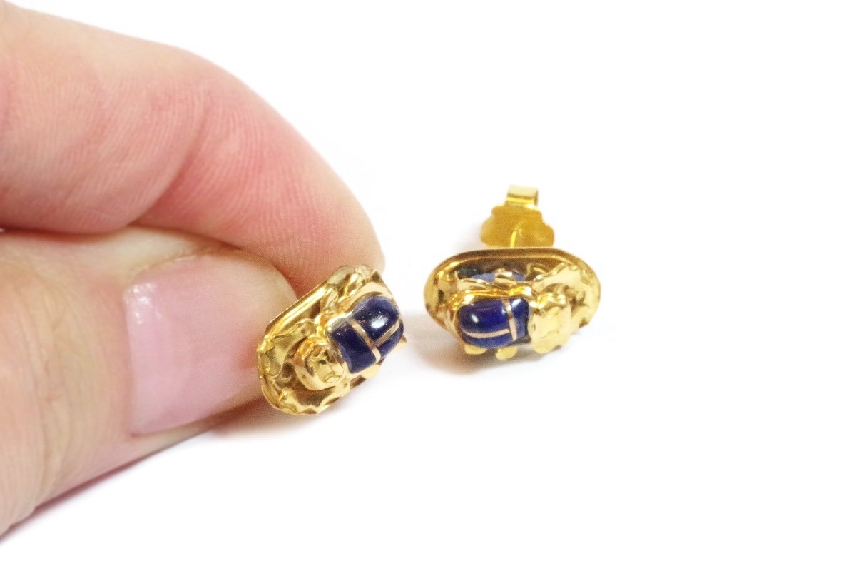 Clous D’oreille Scarabées égyptiens En Or 18k, Puces d'Oreille Vintage, Lapis Lazuli, Insecte-photo-3