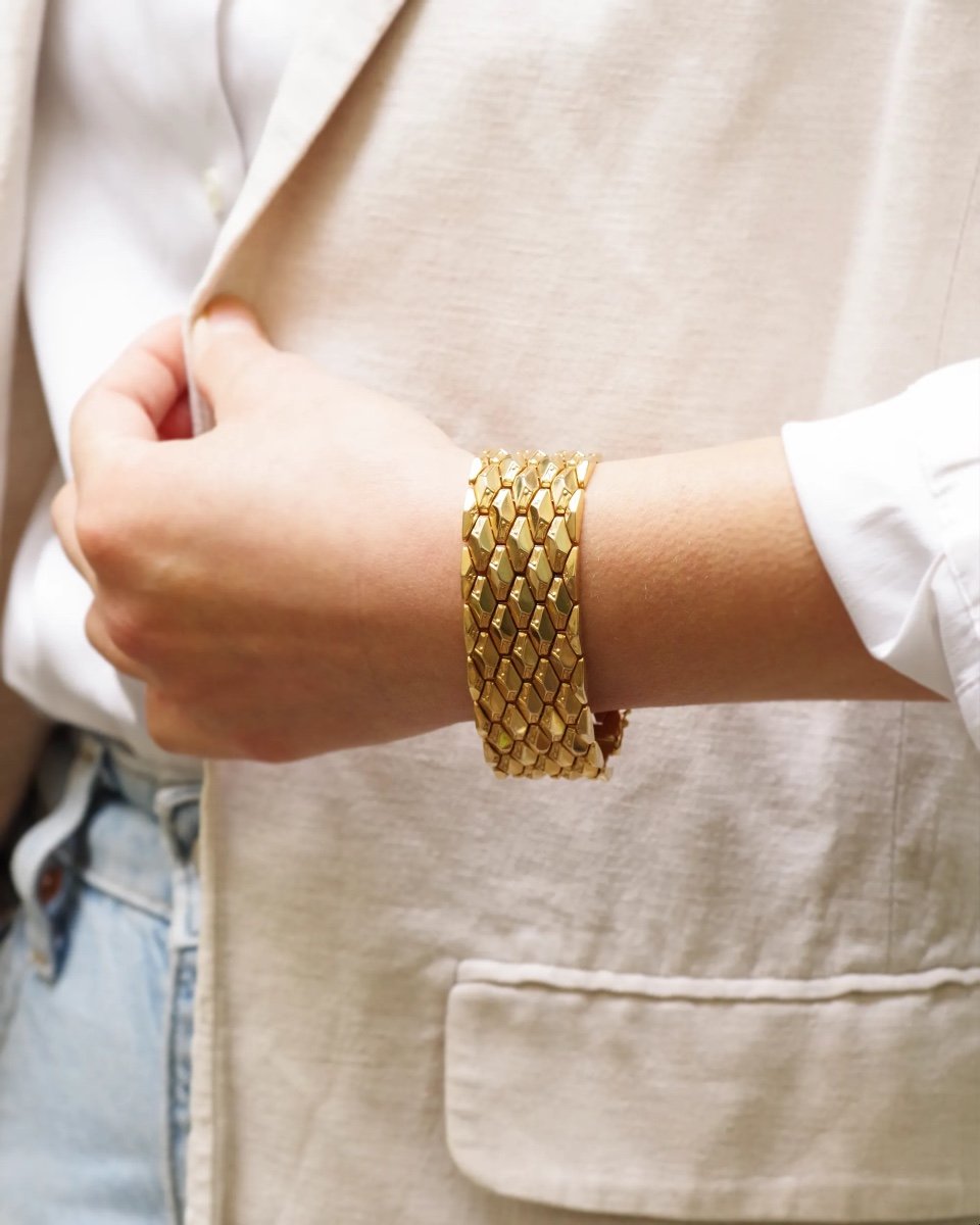 Retro Large Bracelet In 18 Karat Gold, Italian Bracelet, Faceted Bracelet, Retro Jewelry-photo-2