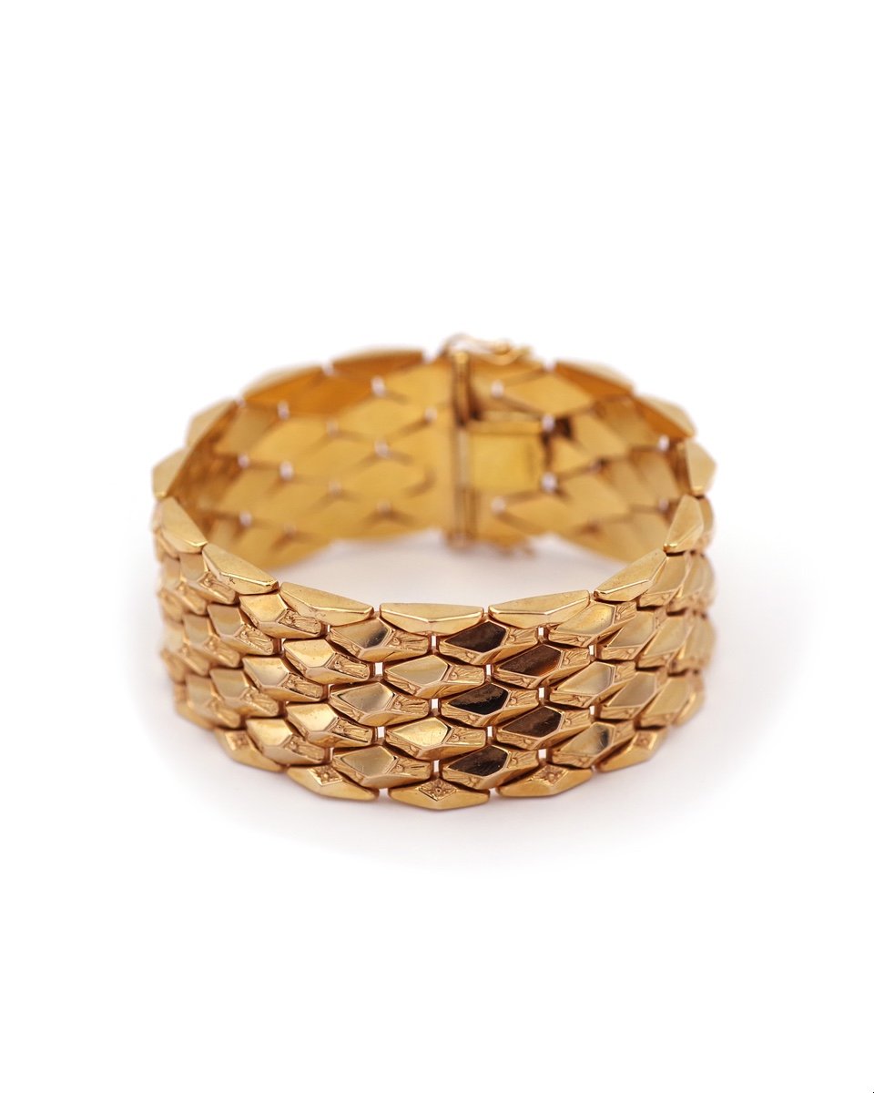 Retro Large Bracelet In 18 Karat Gold, Italian Bracelet, Faceted Bracelet, Retro Jewelry
