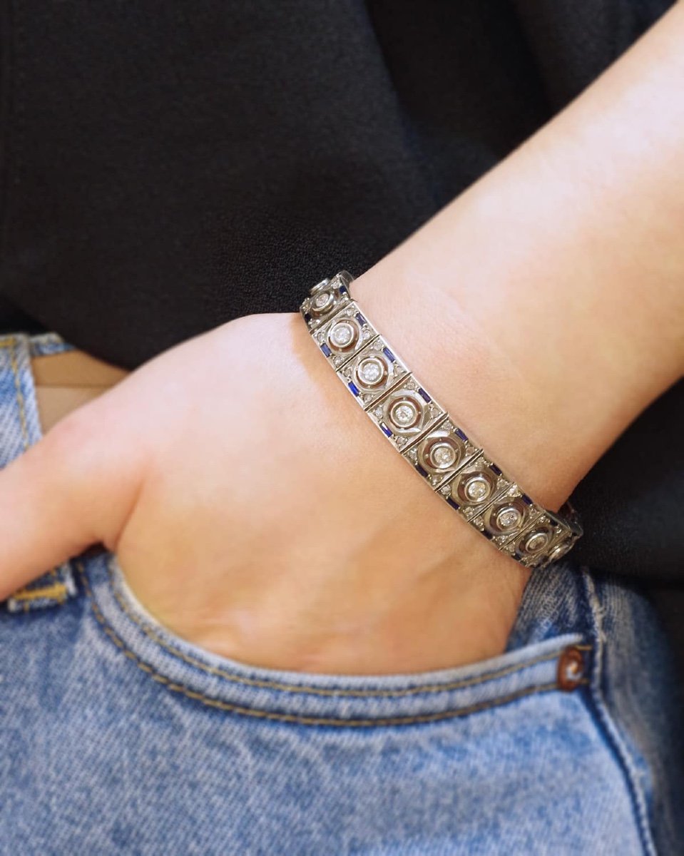 Art Deco Bracelet In Silver With Synthetic Diamonds And Sapphires, Geometric, Antique Jewelry-photo-2