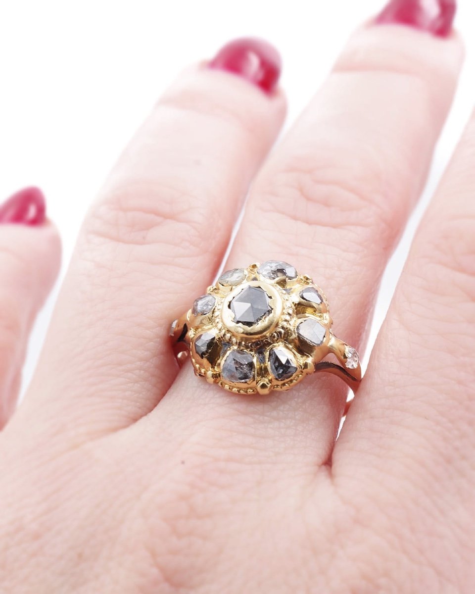 Bague Ibérique Fleur Diamants 18e En Or 18 Karats, Bague Espagnole, Bijou XVIIIe Siècle-photo-4