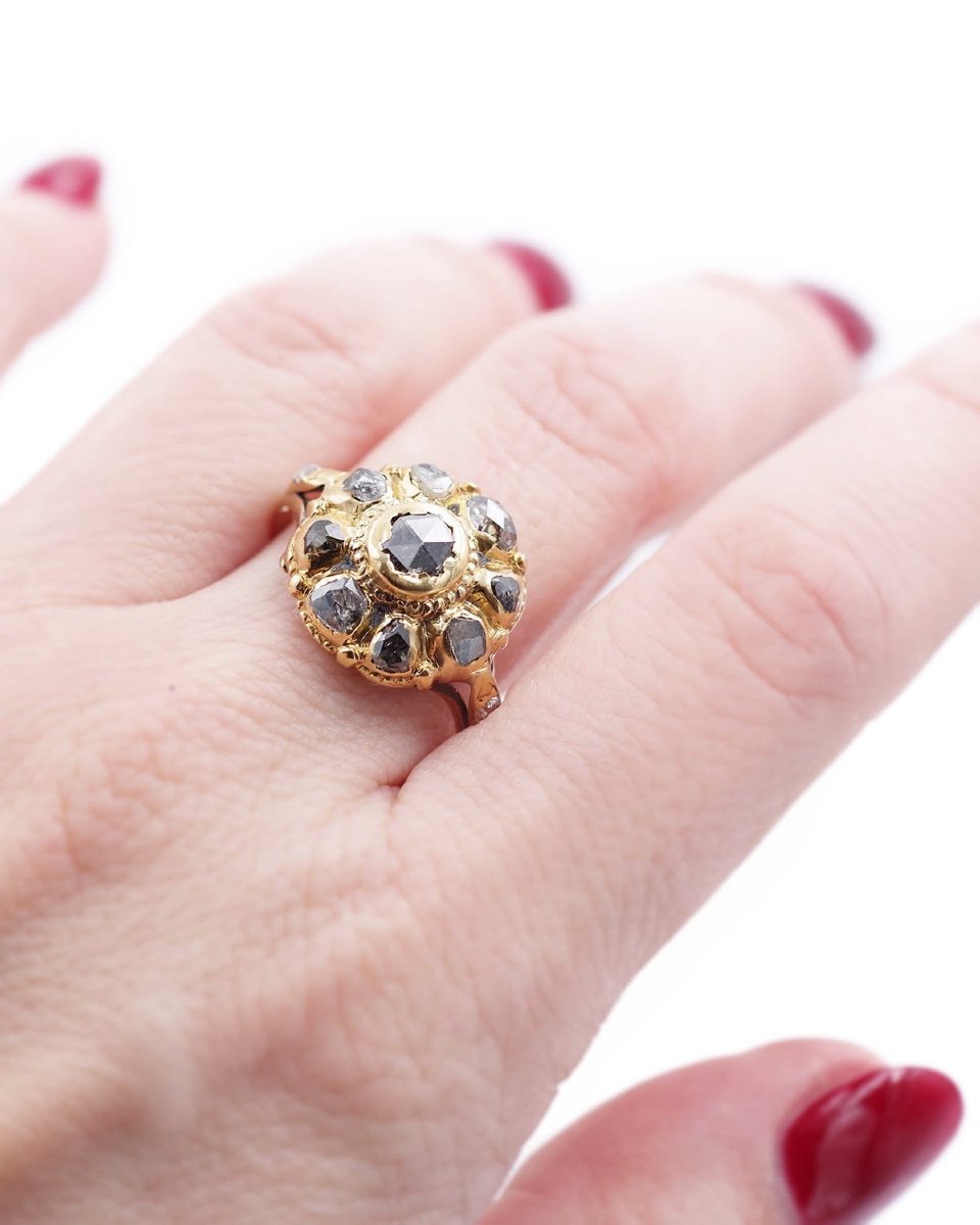 Bague Ibérique Fleur Diamants 18e En Or 18 Karats, Bague Espagnole, Bijou XVIIIe Siècle-photo-2