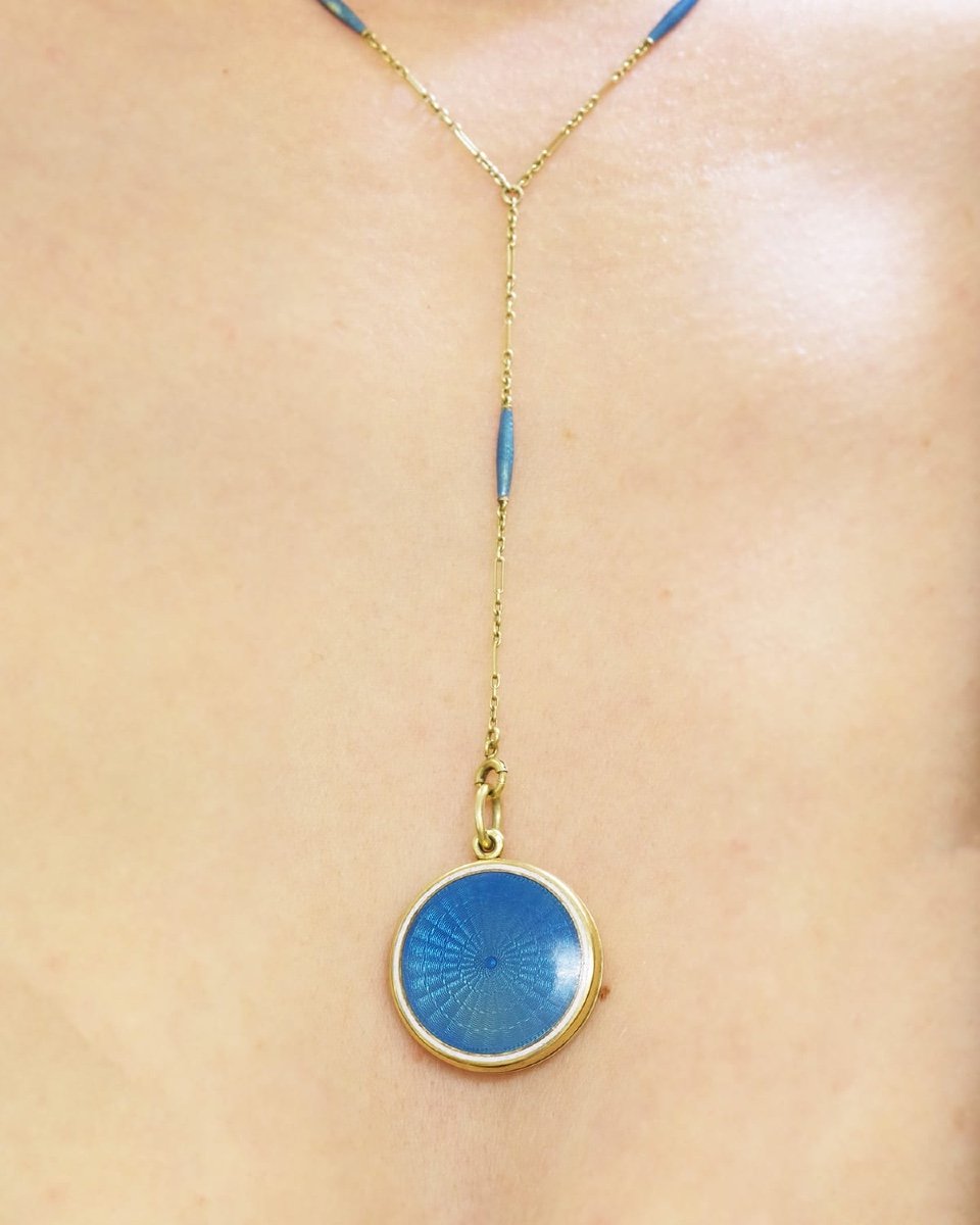 Collier Porte Photo Email En Or 14 Karats, émail Guilloché, Bijou Ancien, Porte-photo-photo-1