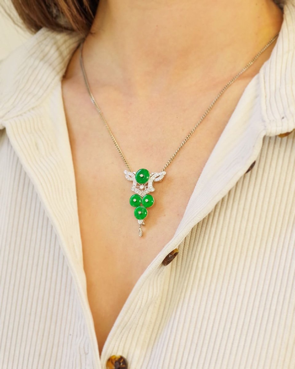 Pendentif Broche Jade Et Diamants En Or Blanc 18k, Jade Jadéite, Diamant, Bijou De Style -photo-4