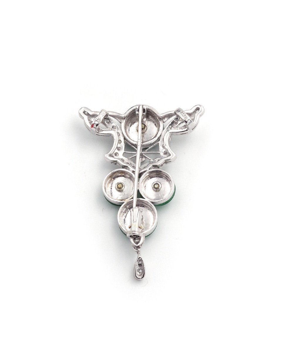 Pendentif Broche Jade Et Diamants En Or Blanc 18k, Jade Jadéite, Diamant, Bijou De Style -photo-1
