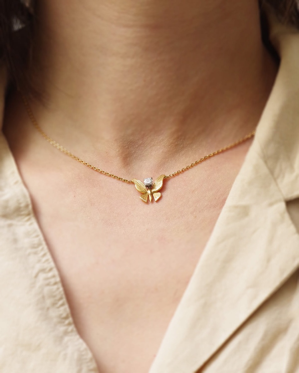 Collier Papillon Diamant En Or 18, Insecte, Bijou Animal, Diamant Taille Brillant-photo-1
