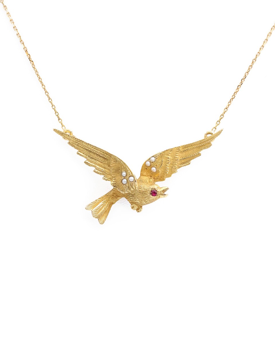 Collier Oiseau Rubis En Or 18k, Rubis, Demi-perles, Bijou Rétro, Collier Or Vintage