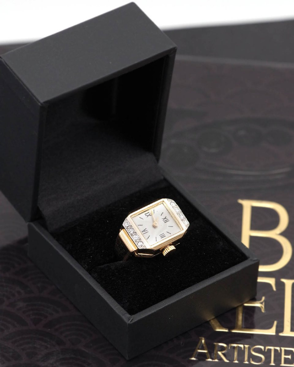 French Retro Tank Watch Ring In 18k Gold And Diamond, Octagonal, Tank Ring, Antique Jewelry -photo-3