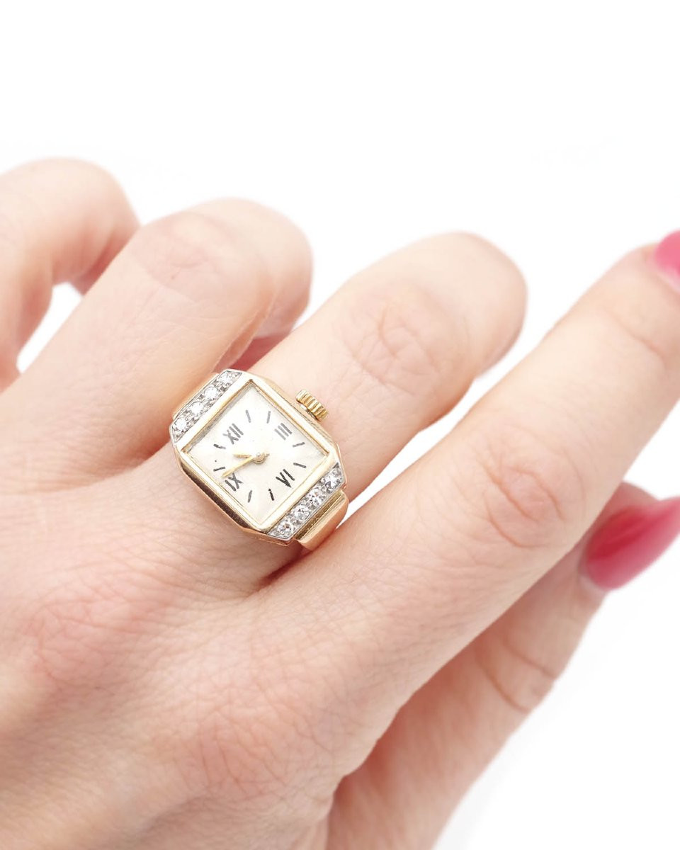 French Retro Tank Watch Ring In 18k Gold And Diamond, Octagonal, Tank Ring, Antique Jewelry -photo-4