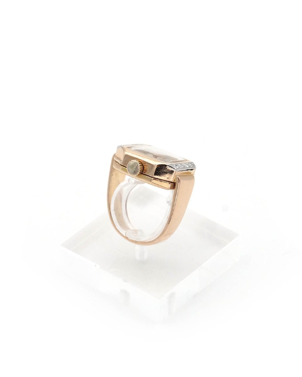 French Retro Tank Watch Ring In 18k Gold And Diamond, Octagonal, Tank Ring, Antique Jewelry -photo-2