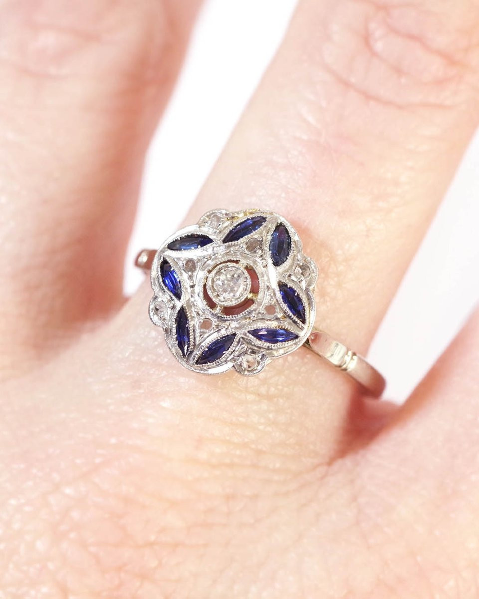 Bague Art Deco Saphirs Quadrilobé En Or 18k Et Platine, Bague Cible, Saphir Synthétique-photo-2