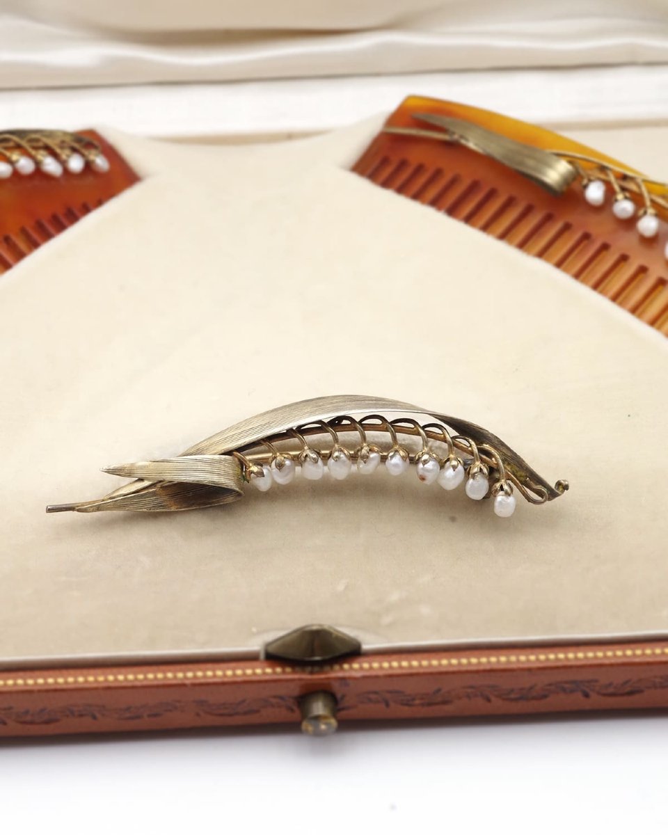 Art Nouveau Lily Of The Valley Set By Beaudouin, Natural Pearls And Original Leather Case -photo-2