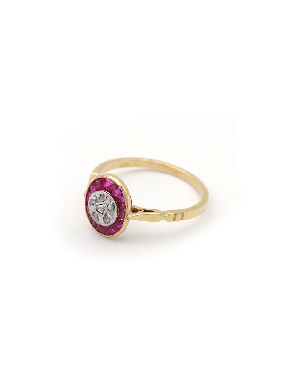 Art Deco French Oval Ring From Edwardian Period, Rubies And Diamonds,18k Gold And Platinum -photo-2