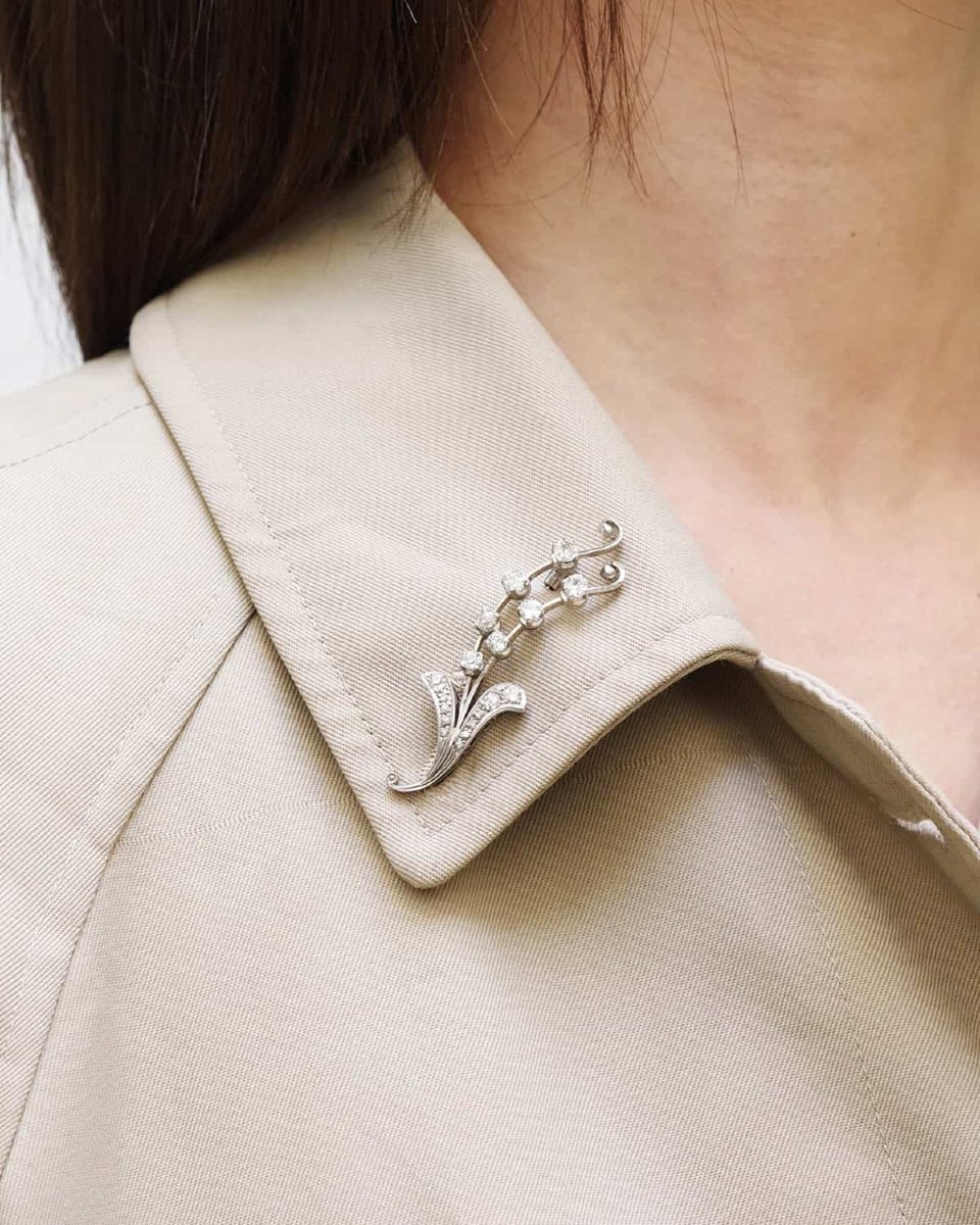 Broche Muguet Diamants Rétro En Or 18k, Mois De Mai, Brin De Muguet, Chance, Porte-bonheur -photo-3