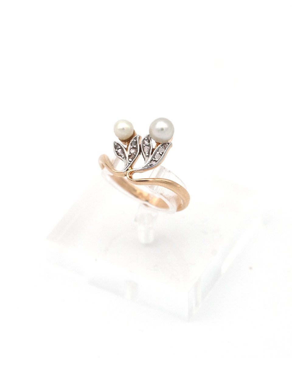 Art Nouveau Pearl Ring In 18k Gold And Platinum, Edwardian Ring, You And Me Ring, Flowers-photo-2
