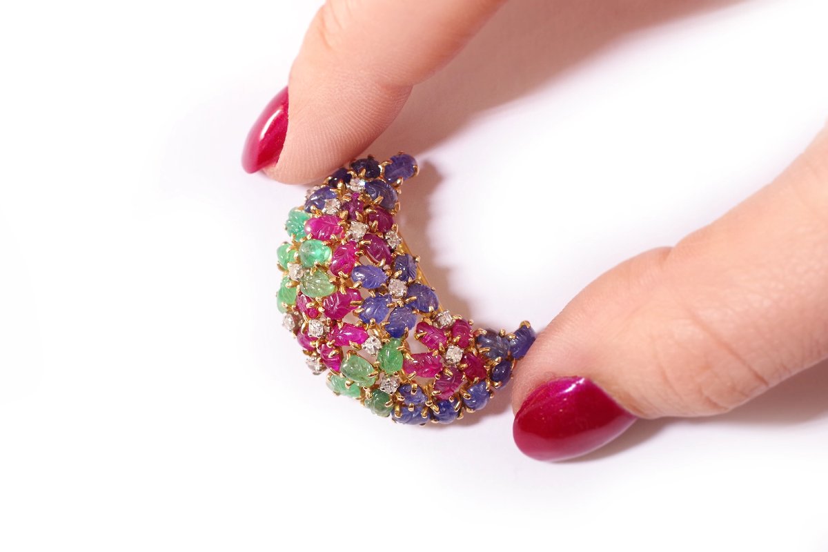 Art Deco Tutti Frutti Clip Brooch In Platinum And Gold, Crescent Moon, Sapphire, Ruby, Emerald-photo-1