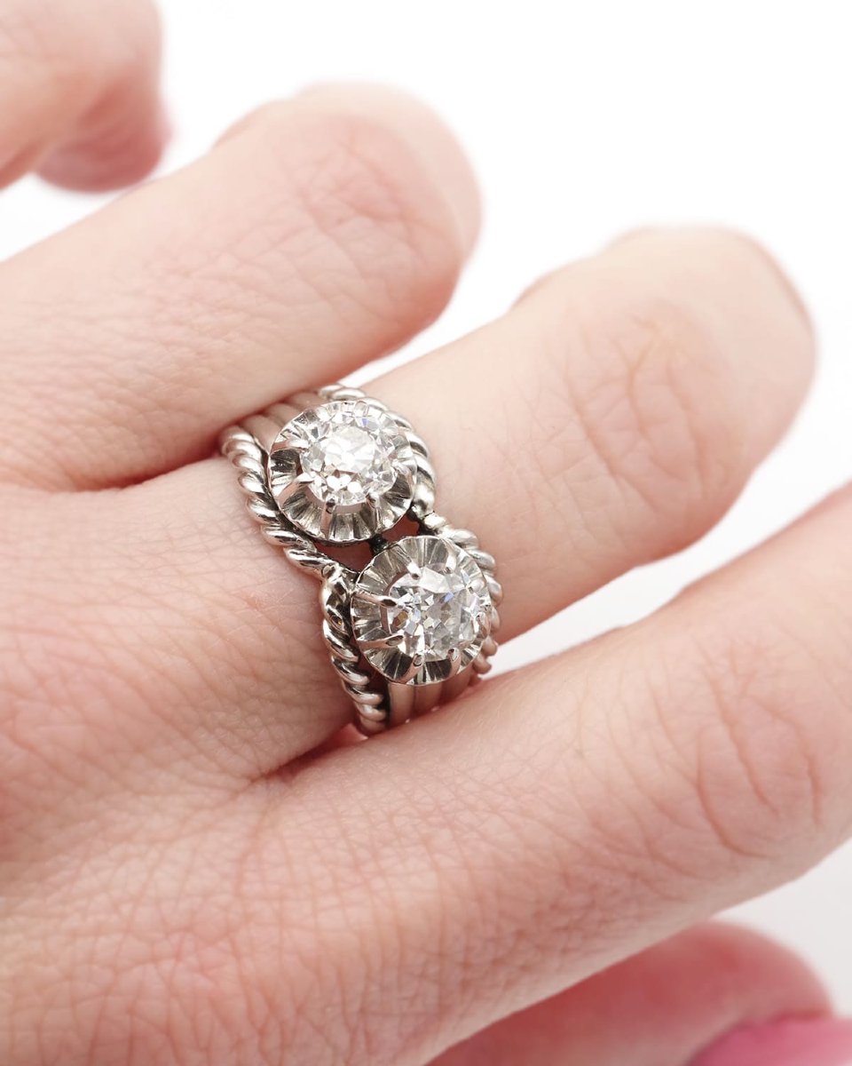 Bague Diamants Toi Moi Retro En Platine, Années 1950, Taille Anciene 0,60 Ct Et 0,70 Ct-photo-3
