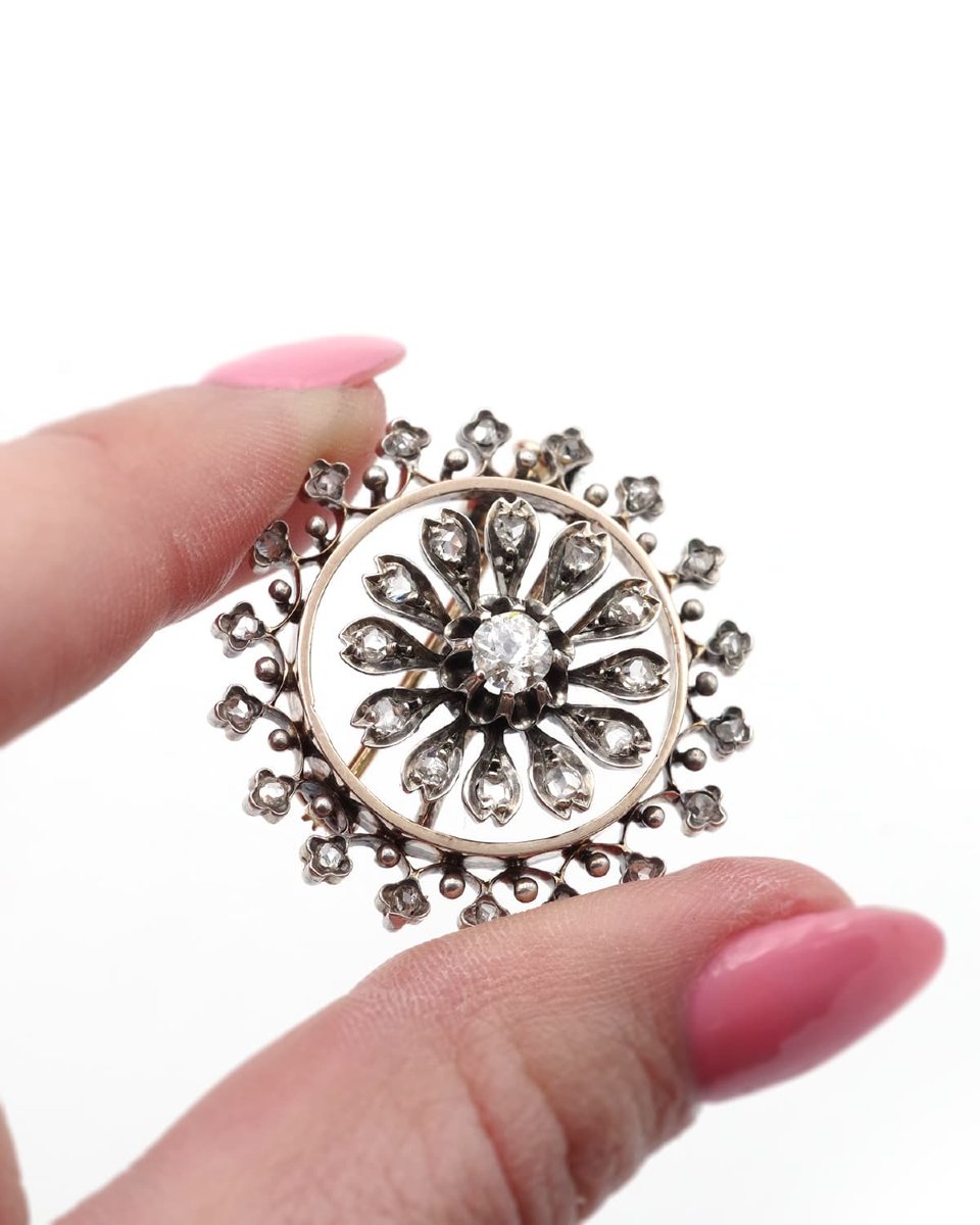 Broche Diamants Rosace En Or 18k Et Argent, Diamants Taille Rose, Fleur, Circulaire-photo-3