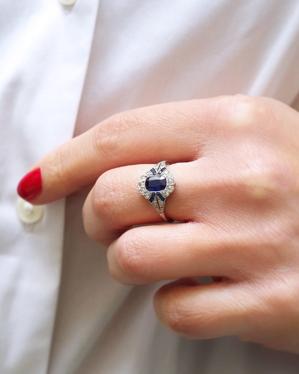 Bague Art Deco Saphir En Platine Et Or 18k, Bague De Fiançailles, Mariage, Bijoux Art Deco-photo-2